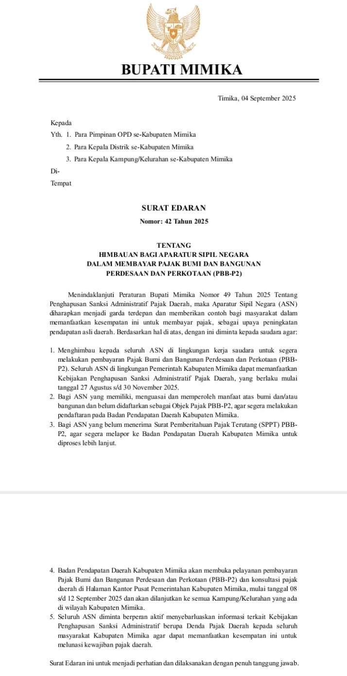 Bupati Mimika Terbitkan Surat Edaran Himbau ASN Jadi Teladan Bayar Pajak Bumi dan Bangunan