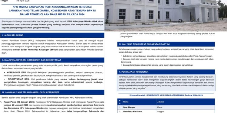 Buntut Dugaan Penyelewengan Dana Hibah Rp28 Miliar, KPU Mimika Rekomendasikan Pemberhentian Sekretaris dan Bendahara