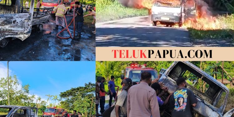 Mobil Pick Up Bermuatan 17 Jerigen BBM Hangus Terbakar di Kampung Hiripau, Sopir Mengalami Luka Bakar